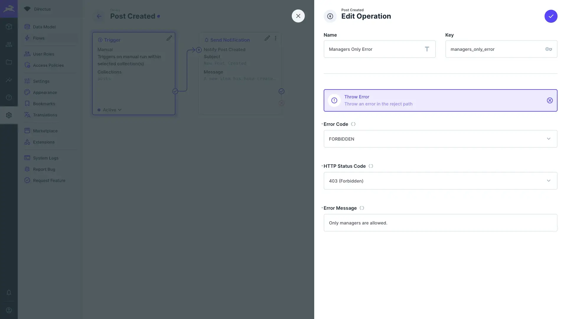 Throw Error operation configuration